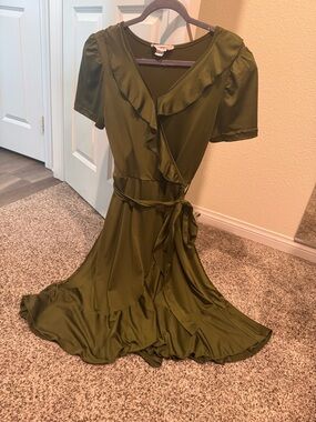 Women's Olive Wrap Midi Dress with Ruffle Trim